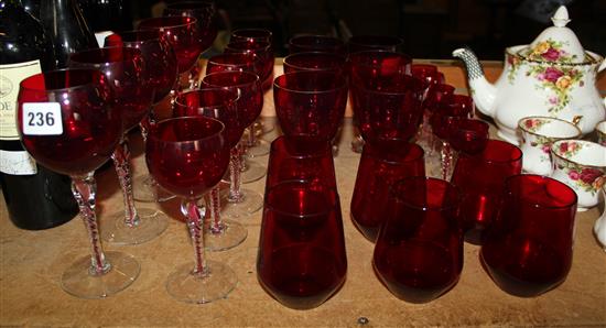 Suite of red Venetian drinking glasses
